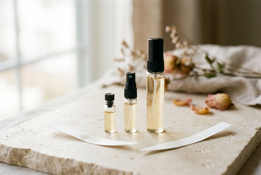 Three clear fragrance vials in increasing sizes beside paper scent-testing strips on a cream stone surface.